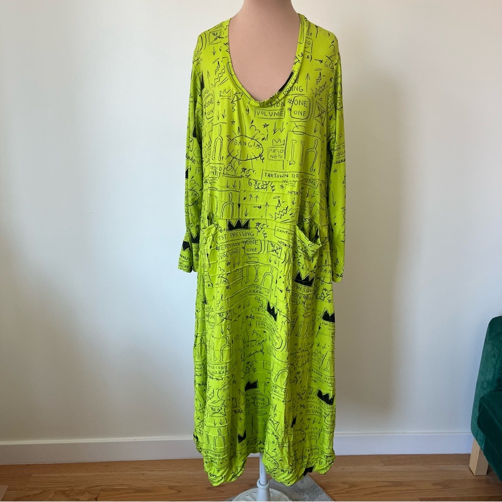 Bread & Butter Lagenlook Illustrative Print Green Cotton Long Sleeve Dress NWT M